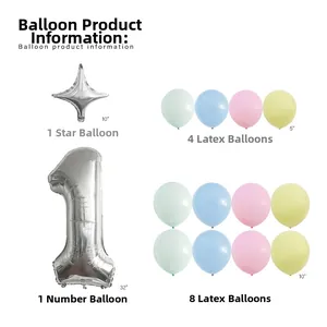 Detail showing 32 inch silver number 1 balloon with macaron latex balloons set