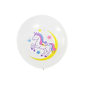 White unicorn birthday party balloon with colorful stars, moon and diamond decorations