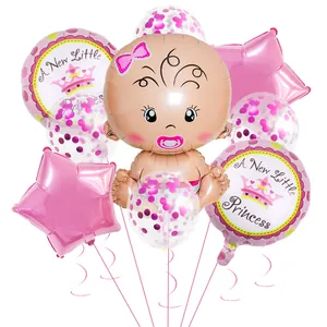 Set de ballons Baby Shower rose avec imprimés couronne et ballons étoiles en aluminium