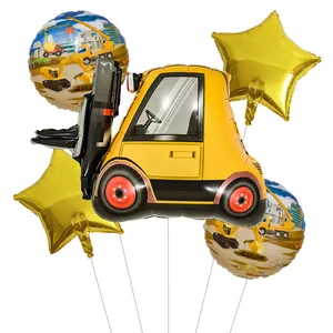 Set festa da cantiere da 5 pezzi con carrello elevatore giallo, stelle d'oro e palloncini