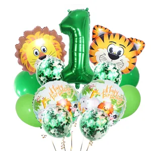 Kit ballons 1er anniversaire jungle safari avec lion, tigre et ballon chiffre 1 vert
