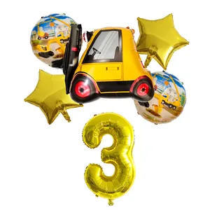 Construction forklift balloon set with gold number 3 and printed round foil balloons