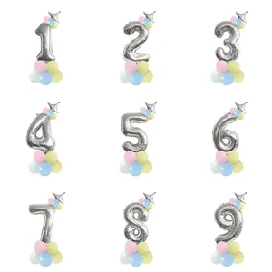 Silver number foil balloon set with macaron base for kids' birthday party decor