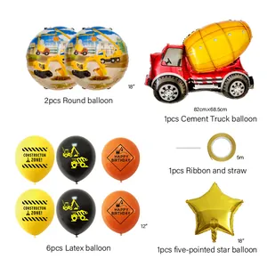 Detailset van bouwvoertuig feestballonnen met cementwagen en latex sterballonnen