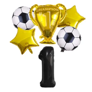 Soccer theme birthday balloon set with gold trophy, football foil and number 1 balloon