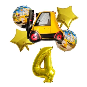 Construction forklift balloon set for 4th birthday with golden number 4 and star balloons