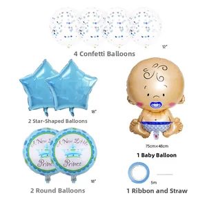 Kit ballons Baby Shower Petit Prince bleu avec ballons en aluminium et couronne