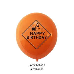Détail d'un ballon en latex orange 12 pouces avec motif excavatrice et Happy Birthday
