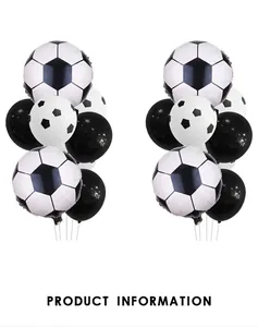 Close-up of football theme party balloon set including black, white and foil soccer balloons
