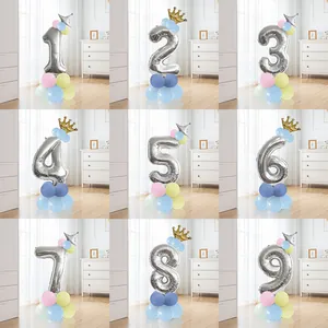 Silver Number Aluminum Foil Balloon Set With Macaron Latex Base And Crown For Birthday Party Celebration Decoration