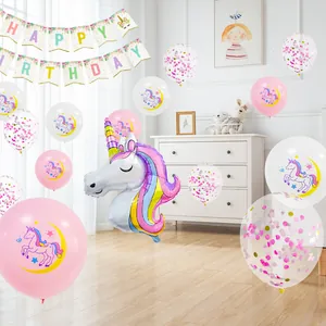 Unicorn Happy Birthday party decoration set with foil balloon and colorful latex balloons