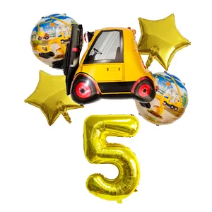 Construction forklift balloon set with golden number 5 for kids 5th birthday party