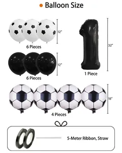 Detailed size chart for soccer party balloons including 32 inch number 1 and latex spheres