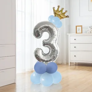 Blue balloon column set with silver number 3 foil and crown for 3rd birthday party decor