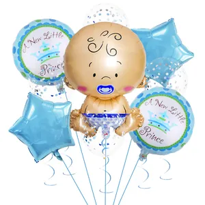 Détail du kit de ballons baby shower avec grand bébé en aluminium et motifs couronne