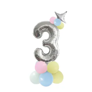 Silver number 3 foil balloon set with colorful macaron latex base for birthday party decor