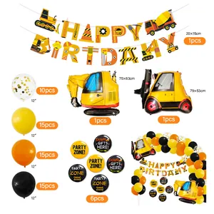 Detailed construction theme party set with forklift excavator balloons and banners