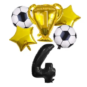 Detail of 6-piece football party balloon set with trophy and number 4 for birthdays