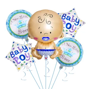 Ensemble détaillé de 5 ballons bleus pour baby shower avec motifs prince et étoiles