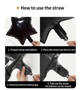 Instructional macro of black star foil balloon showing deflation steps with a straw