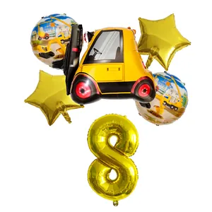 Construction forklift balloon set for 8th birthday with golden star and circle balloons