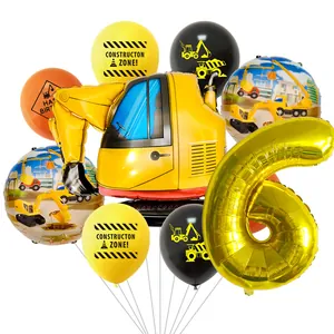 Gedetailleerde bouwthema ballonset met gele graafmachine en gouden ballon nummer zes