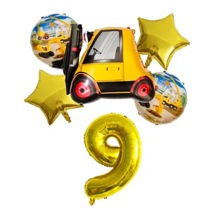Construction forklift themed birthday balloon set with gold number 9 and star shapes