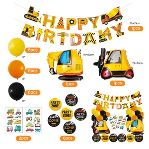 Construction party kit detail showing excavator foil balloons and banner dimensions