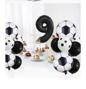 Soccer theme party set with foil number nine balloon and black white latex balloons