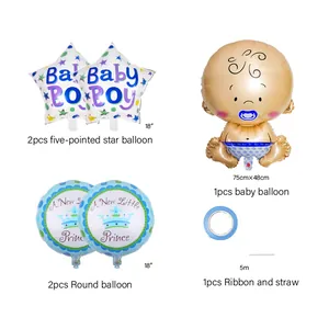 Détail du kit ballons bébé garçon bleu avec motifs étoiles et prince pour fête de naissance