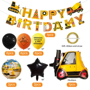 Baustellen Kindergeburtstag Set mit Gabelstapler Ballon und Geburtstagsgirlande