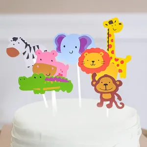 Set van 7 cartoon dieren taarttoppers voor jungle thema verjaardagsfeestje voor kinderen