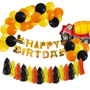 Construction Vehicle Birthday Party Decoration Excavator Forklift Aluminum Foil Balloons Happy Birthday Banner Latex Balloons For Kids Boys Birthday Party Supplies