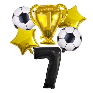 Soccer theme balloon set featuring gold champion trophy, number 7, and star balloons