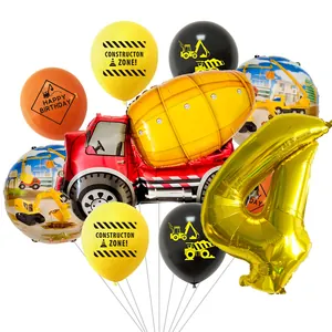 Detailset bouwfeest ballonnen voor 4e verjaardag met betonmixer en gouden cijfer 4