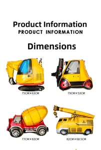 Detailed size chart for construction vehicle party balloons featuring excavator and crane