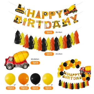 Detailed breakdown of construction vehicle party set with flags and large mixer balloon