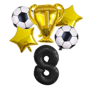 Soccer theme birthday set featuring gold trophy balloon and black number eight balloon