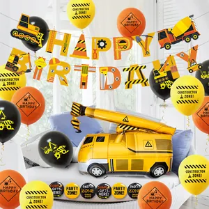 Set festa compleanno cantiere con palloncini di camion e ghirlanda di segnalazione