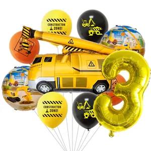 Bouwfeest ballonnenset met kraan, goud nummer 3 en kleurrijke latex ballonnen voor kids