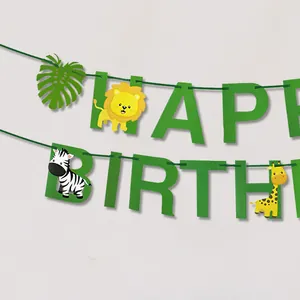 Jungle dieren Happy Birthday slinger met leeuw zebra en giraf feestversiering