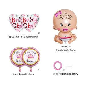 Détail du kit de ballons Baby Girl avec ballons en aluminium cœur rose et couronne