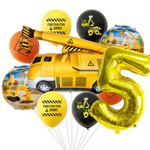 Bouwplaats feestballon set met kraan, gouden cijfer 5 en thema latex ballonnen