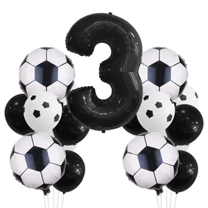 Soccer theme 3rd birthday party balloon set with large black number 3 and foil footballs