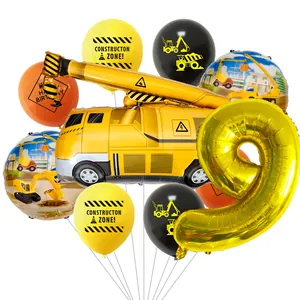 Gedetailleerde set bouwballonnen met gele kraan en goudkleurige ballon nummer 9
