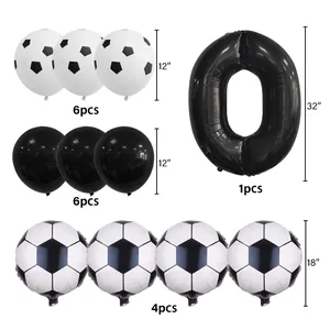 Cartoon football party decoration set with black white balloons and huge number 0