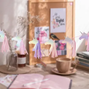 Unicorn party banner with laser rainbow effect and pink purple tassels for girls birthday