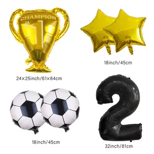 Detailed grid of football party balloons including champion trophy, stars, and number 2