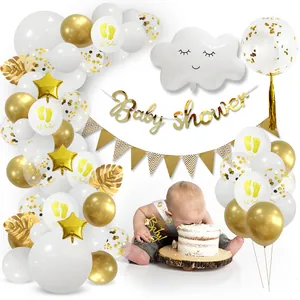 Golden Baby Shower balloon arch set with Oh Baby prints and cloud foil balloons