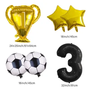 Detail view of football party balloon set with trophy star and number 3 foil balloons